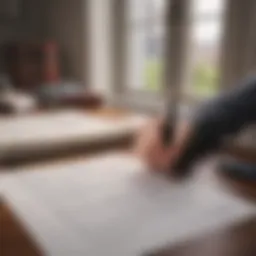 A thoughtfully arranged desk with a pen and legal documents.