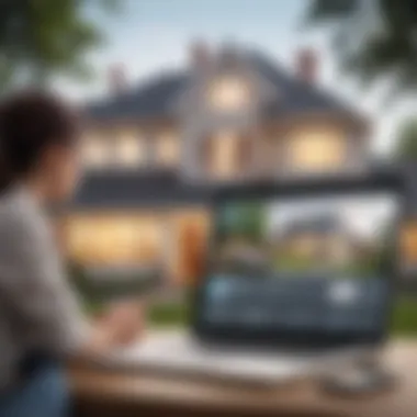 A couple discussing over a laptop with a house in the background.