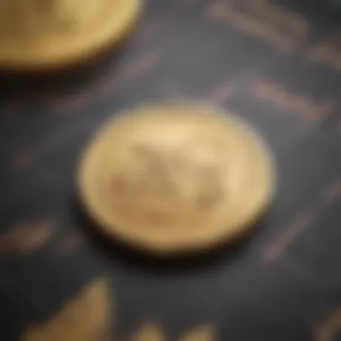 Close-up of a gold coin with market trends graph in the background