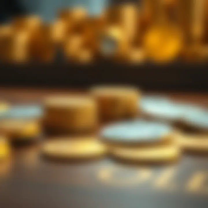 Close-up of gold and silver coins on a wooden table