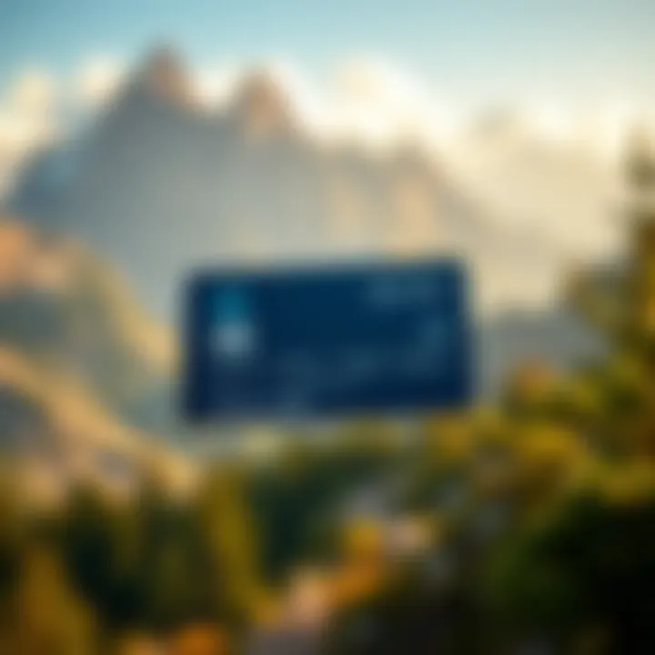 A scenic mountain landscape with a cash card prominently displayed