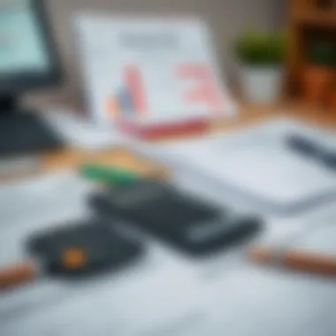 Efficient Tax Preparation Setup An organized workspace with tax documents and a calculator