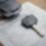 A close-up of a car key placed on a financial document reflecting car financing