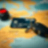 A credit card and rental car keys on a travel map