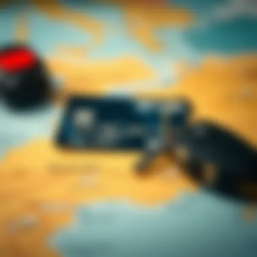 A credit card and rental car keys on a travel map