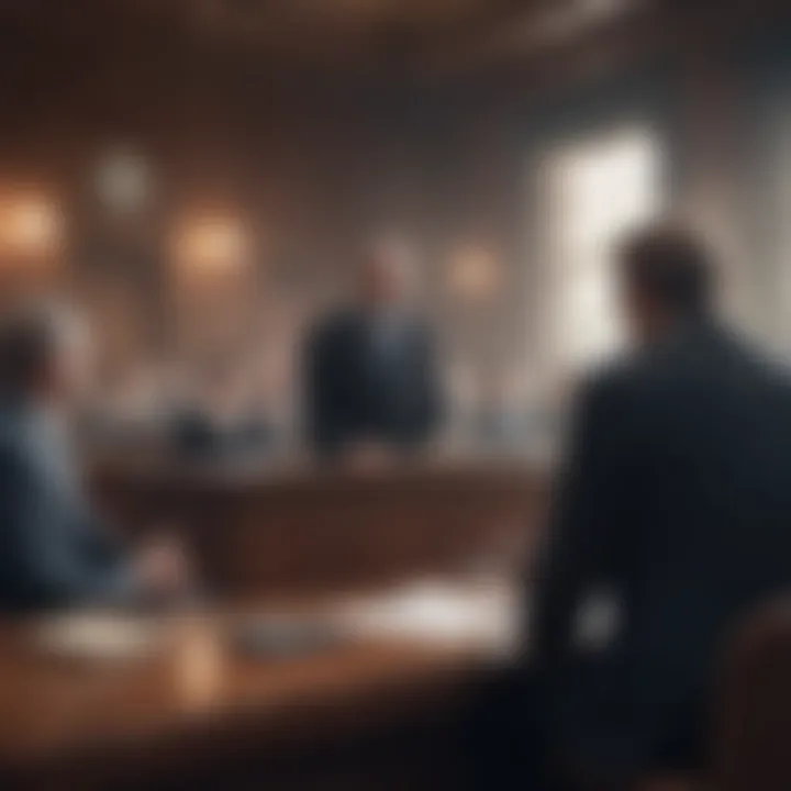 A legal courtroom scene depicting a trial against a scammer.