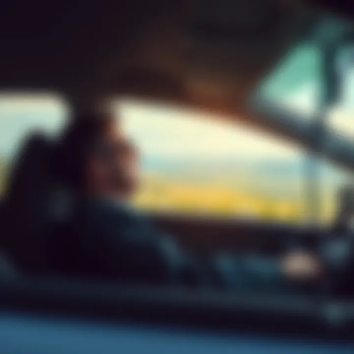 A traveler contemplating their auto insurance options while sitting in a car with scenic views in the background.